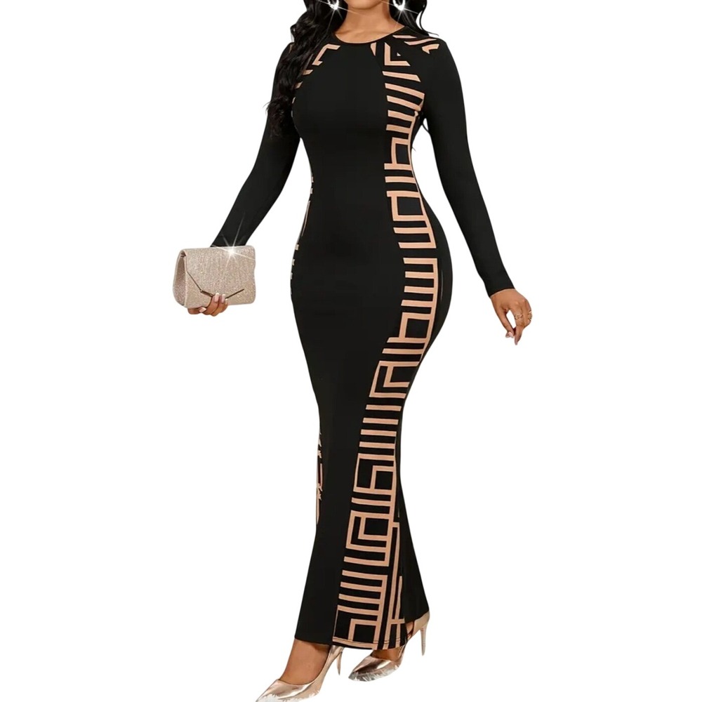 Maxi Dress Women XXL Black Geometric Greek Key Bodycon Glam Evening